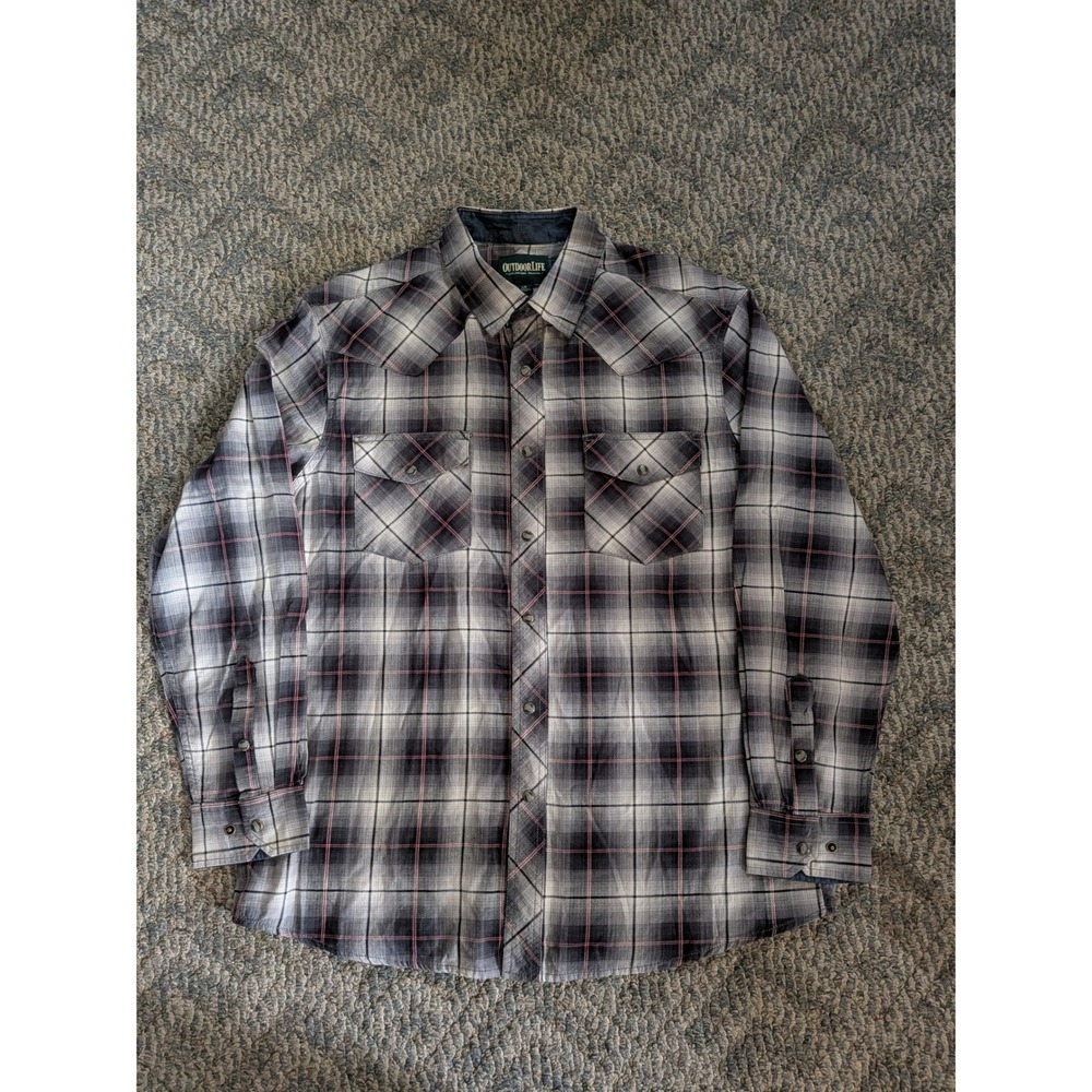 Outdoor Life Mens Large Grey Plaid Western Long Sleeve Button Down Shirt Cotton